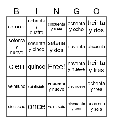 Numeros en español Bingo Card