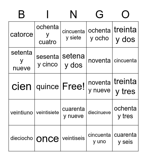 Numeros en español Bingo Card