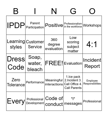 Staff Development: Professionalism in the workplace Bingo Card