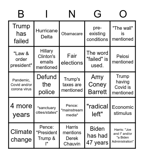 Vice Presidential Debate Bingo Card