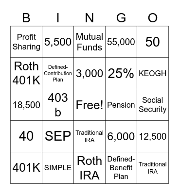 Retirement Bingo Card