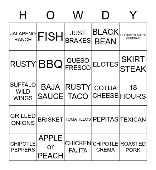 Rusty Taco Bingo Card
