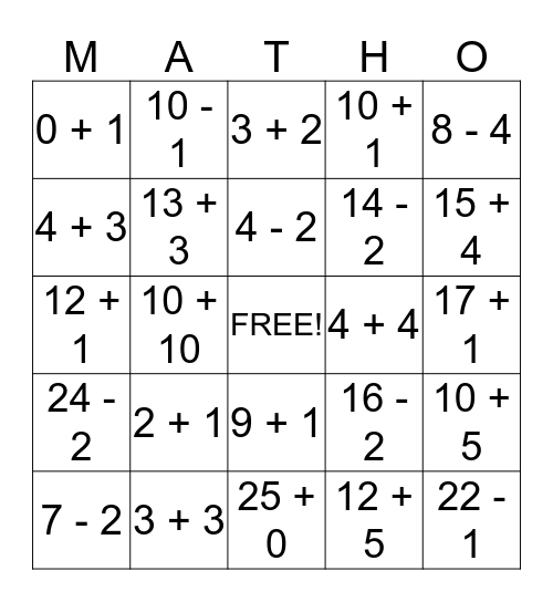 MATHO (Kindergarten - 3rd Grade) Bingo Card