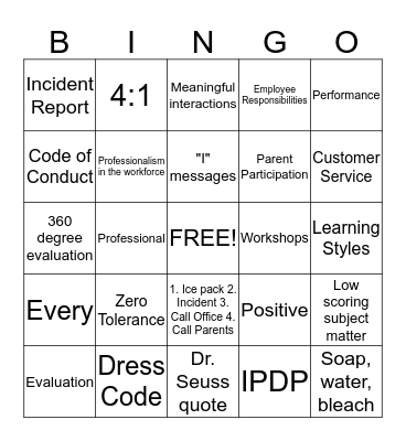 Staff Development: Professionalism in the workplace Bingo Card