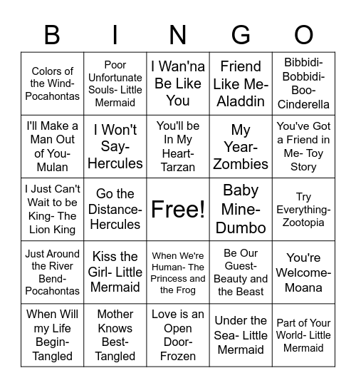 Disney Bingo Card