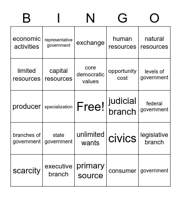 Unit 1, Part 2 Vocabulary Bingo Card