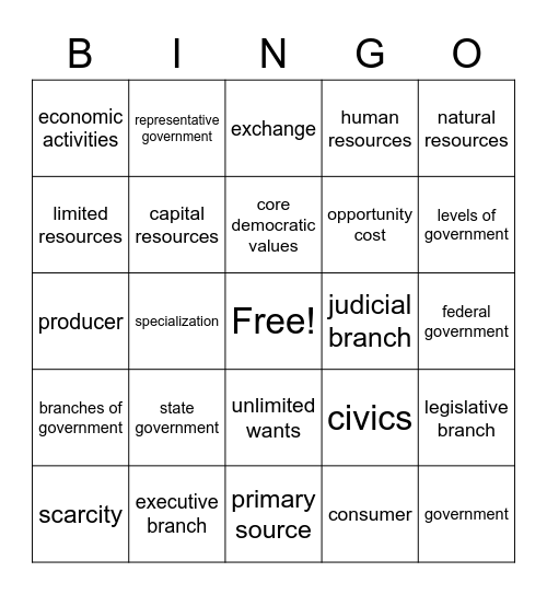 Unit 1, Part 2 Vocabulary Bingo Card