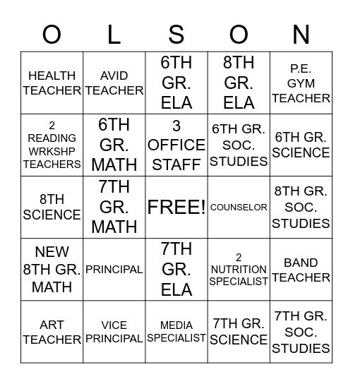 Who's At Olson? Bingo Card