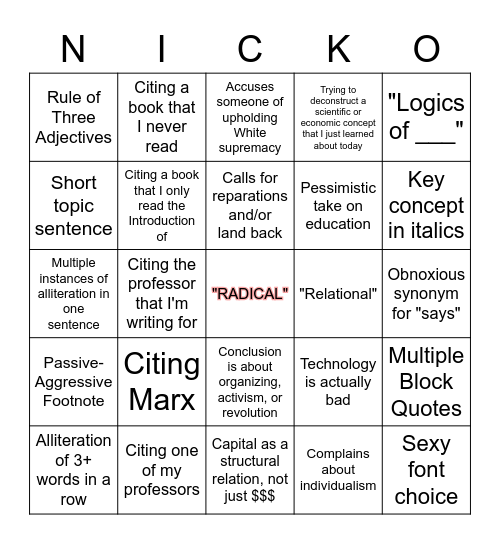 Nick's Pretentious Essays Bingo Card