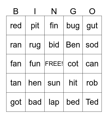 Short Vowels   a   e   i   o   u   Bingo Card