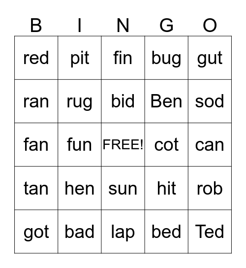Short Vowels   a   e   i   o   u   Bingo Card