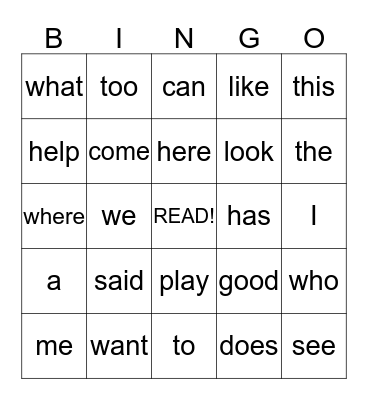 Kindergarten Sight Words Bingo Card