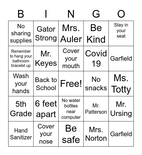 Welcome to School Bingo Card