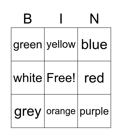 colors Bingo Card