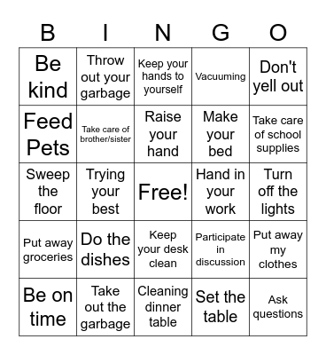 Responsibility Bingo Card