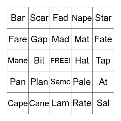 Magic E Bingo Card