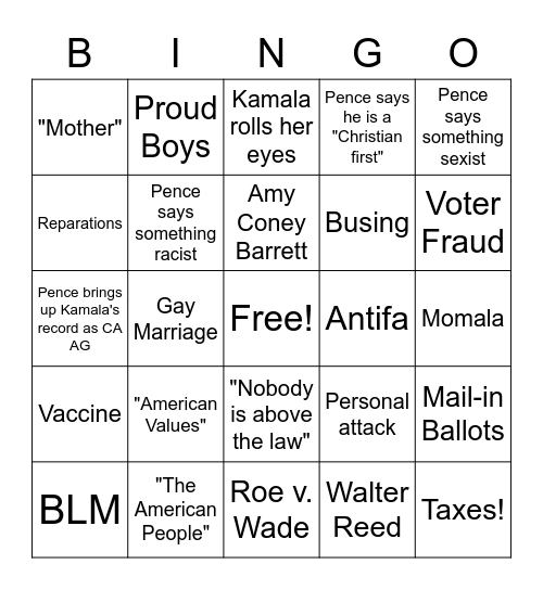 VP Debate Bingo Card