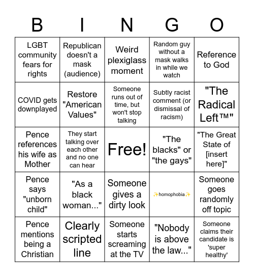 VP DEBATE BINGO 2020 Bingo Card