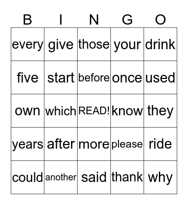 4th Grade Sight Words Bingo Card
