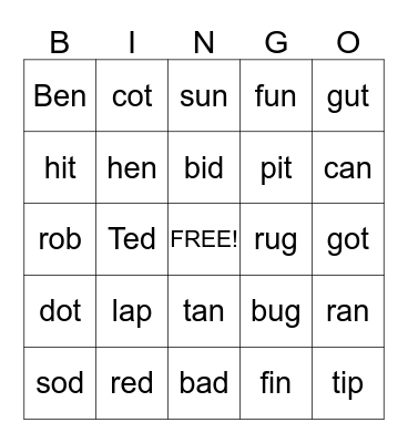 Short Vowels   a    e    i    o    u Bingo Card