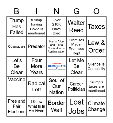 Vice Presidential Debate Bingo Card