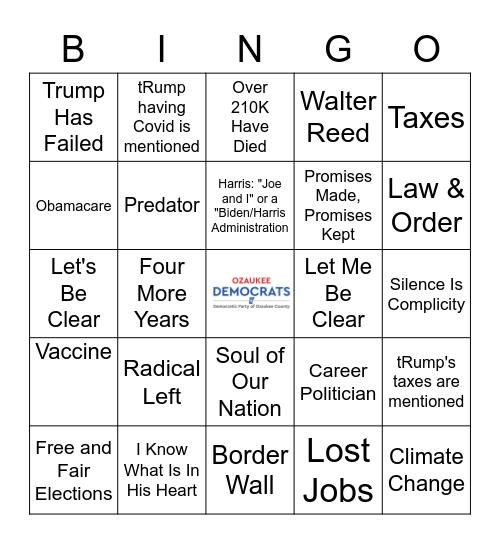 Vice Presidential Debate Bingo Card