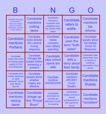 Vice Presidential Debate 2020 Bingo Card