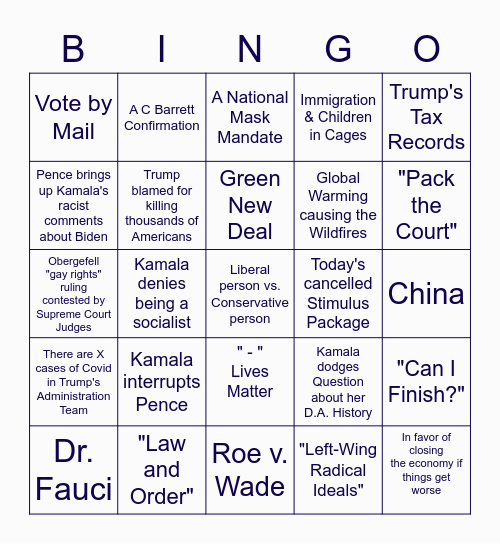 VP Debate Bingo!! Bingo Card