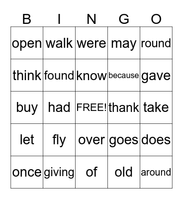 Sight Words 15-19 Bingo Card