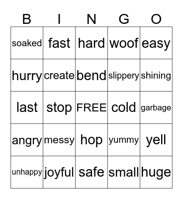Synonym Bingo Card