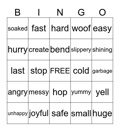 Synonym Bingo Card
