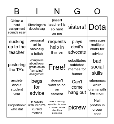 Greta's Habits Bingo Card