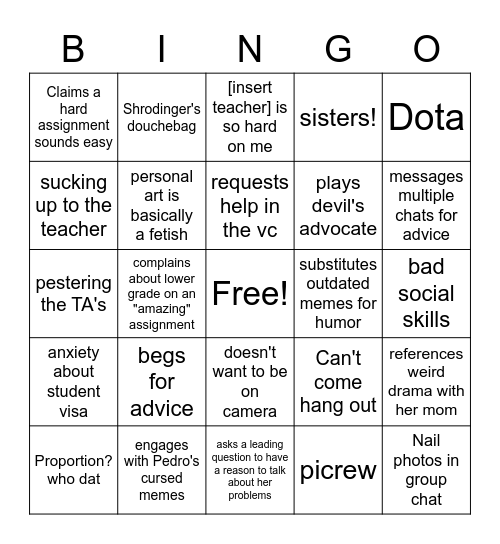 Greta's Habits Bingo Card