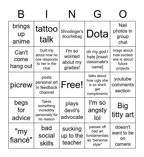 Greta's Habits Bingo Card