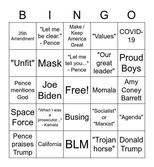 VP Debate Bingo Card