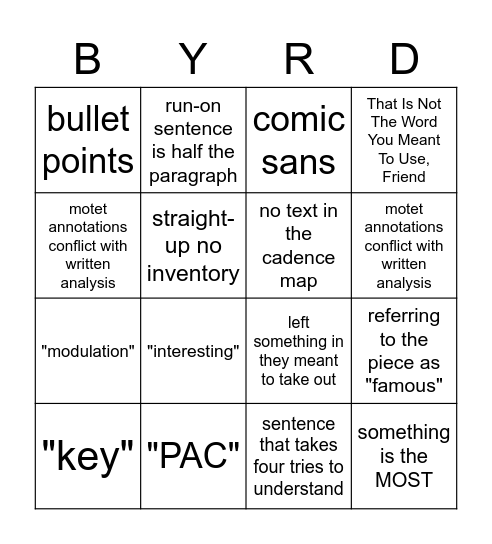 project 1 bingo Card