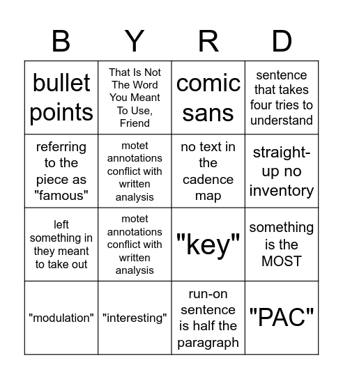 project 1 bingo Card