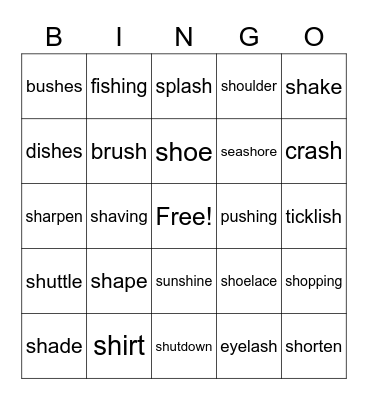 Sh Words Bingo Card