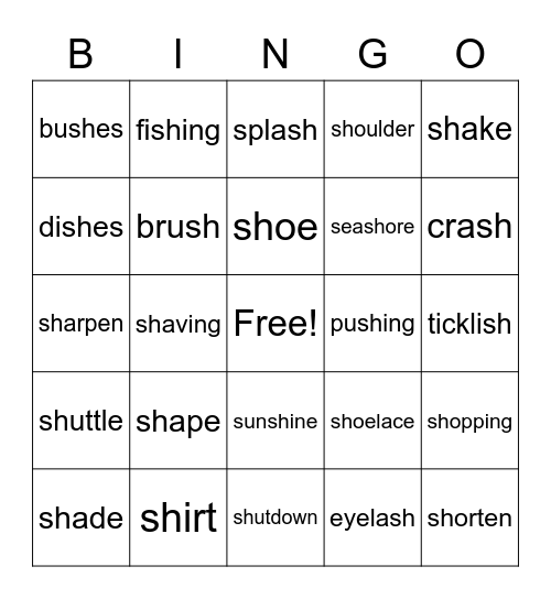 Sh Words Bingo Card