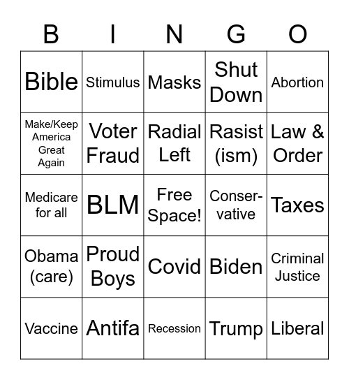 VP Debate Bingo Card