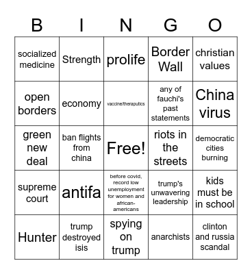 Vice Presidental Debate Bingo Card