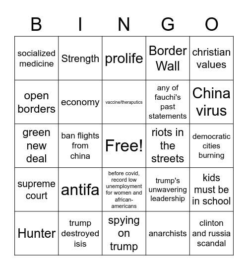 Vice Presidental Debate Bingo Card