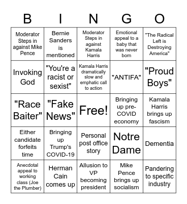 VP Debate Bingo Card