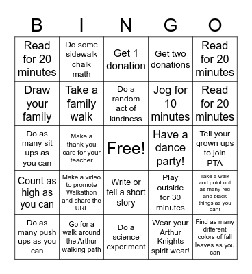 Arthur Walkathon BINGO! Bingo Card