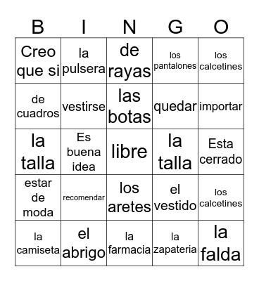 La Ropa etc. Bingo Card