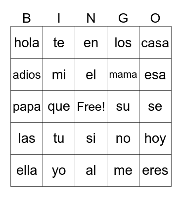 Spanish Bingo Card