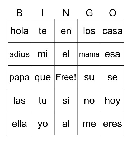 Spanish Bingo Card
