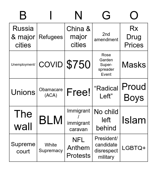 Isidro’s VP Debate Bingo Card