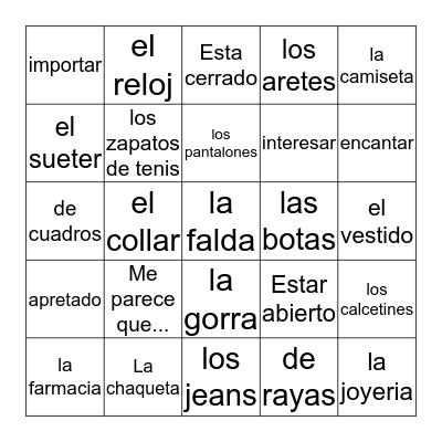 La Ropa etc. Bingo Card