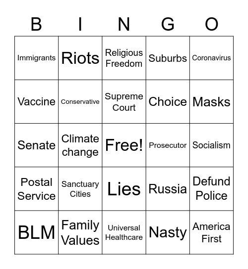 Oct. 7, 2020 Vice Presidential Debate Bingo Card